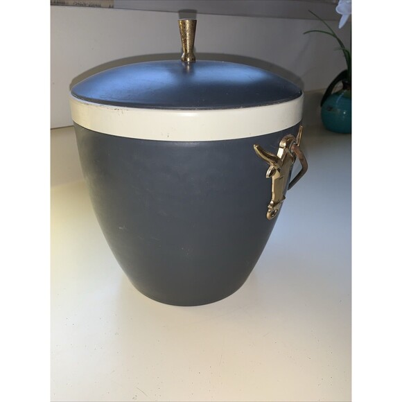 HFT Mid Century Gits Ware Ice Bucket Gray with Gold Longhorn Medallions and Trim - Picture 3 of 9